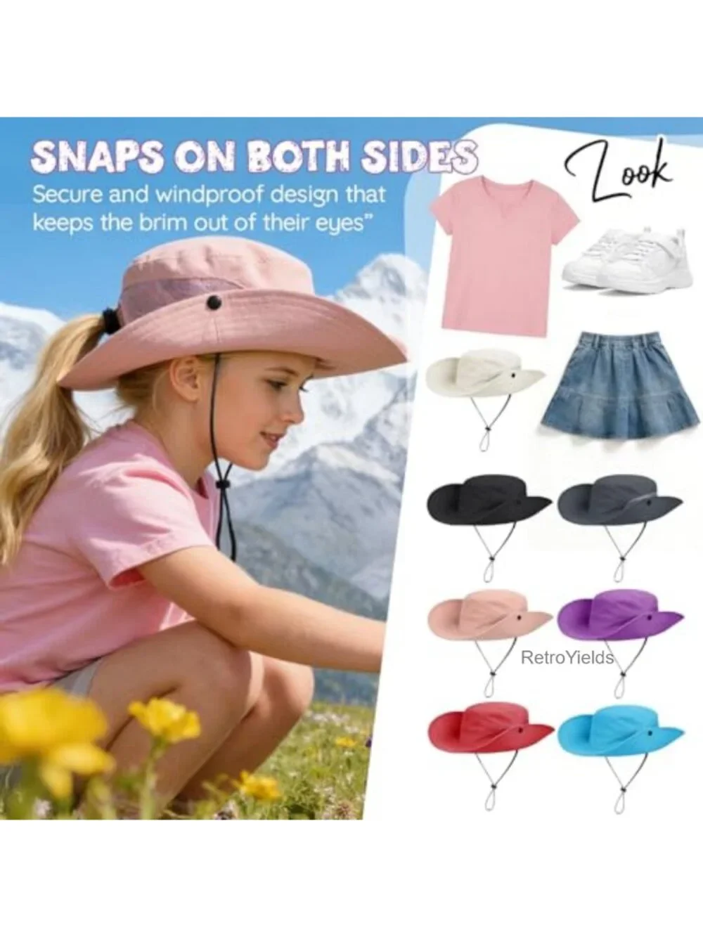 Girls Ponytail Sun Hat UPF 50+ Kids Beach Bucket Hat with Adjustable Chin Strap